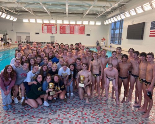 Girls and boys water polo teams posing with their state championship trophies