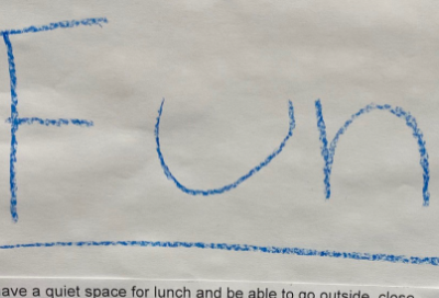 The word FUN written in blue crayon on paper