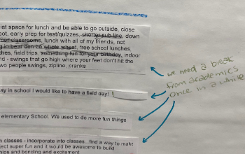Someday wishes cut into strips and pasted onto a poster. Student note says "We need a break from academics once in a while. Quotes are about having a field day, doing fun things, building relationships and bonding