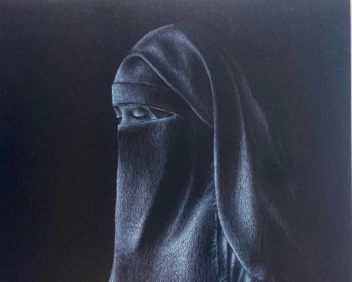 A drawing of a woman wearing a burka