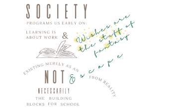 Words arranged in a poem around a book with stars coming out of the pages. The text of the poem is: Society programs us early on:  Learning is about work &  Wishes are the stuff of fantasy Existing 		merely as an   e s c a p e       from reality Not neces