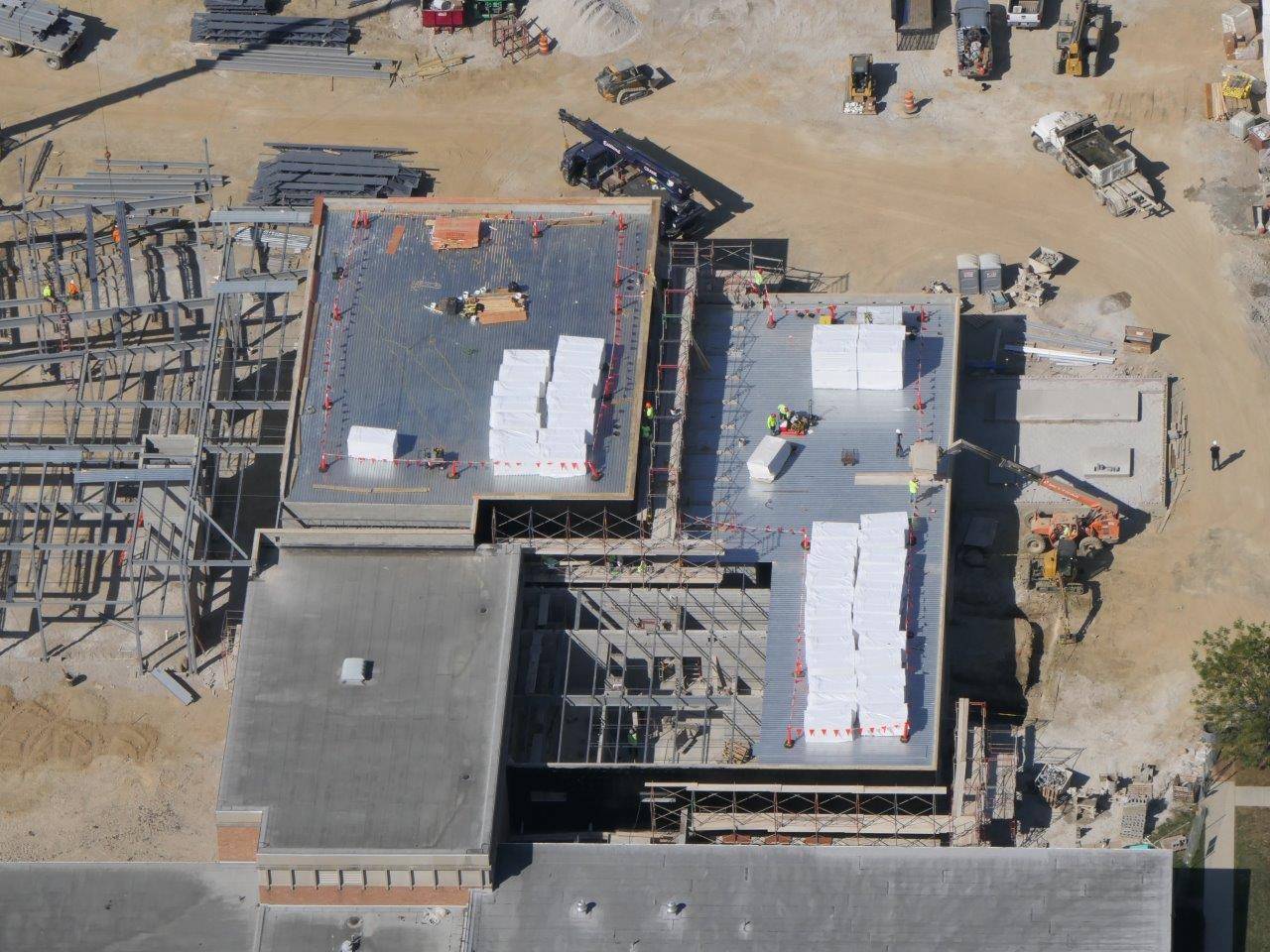 An aerial of the new gymnasium and single-story support structures