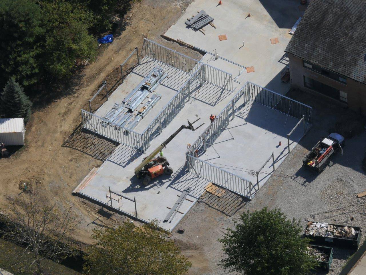 An aerial of framing for the Tremont Elementary School addition project