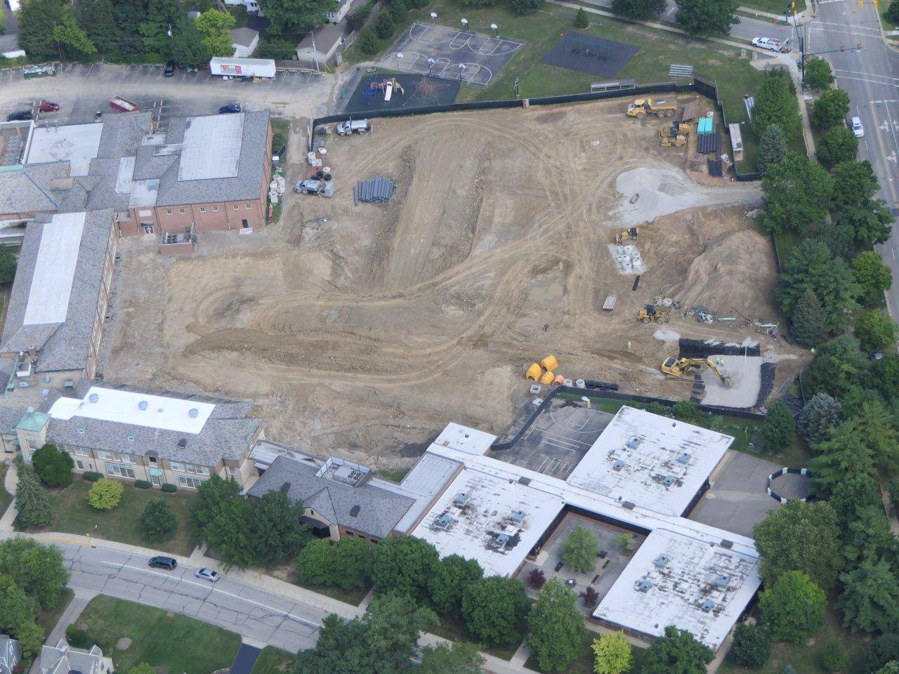 Aerial of the construction site for the addition to Barrington Elementary, July 2019