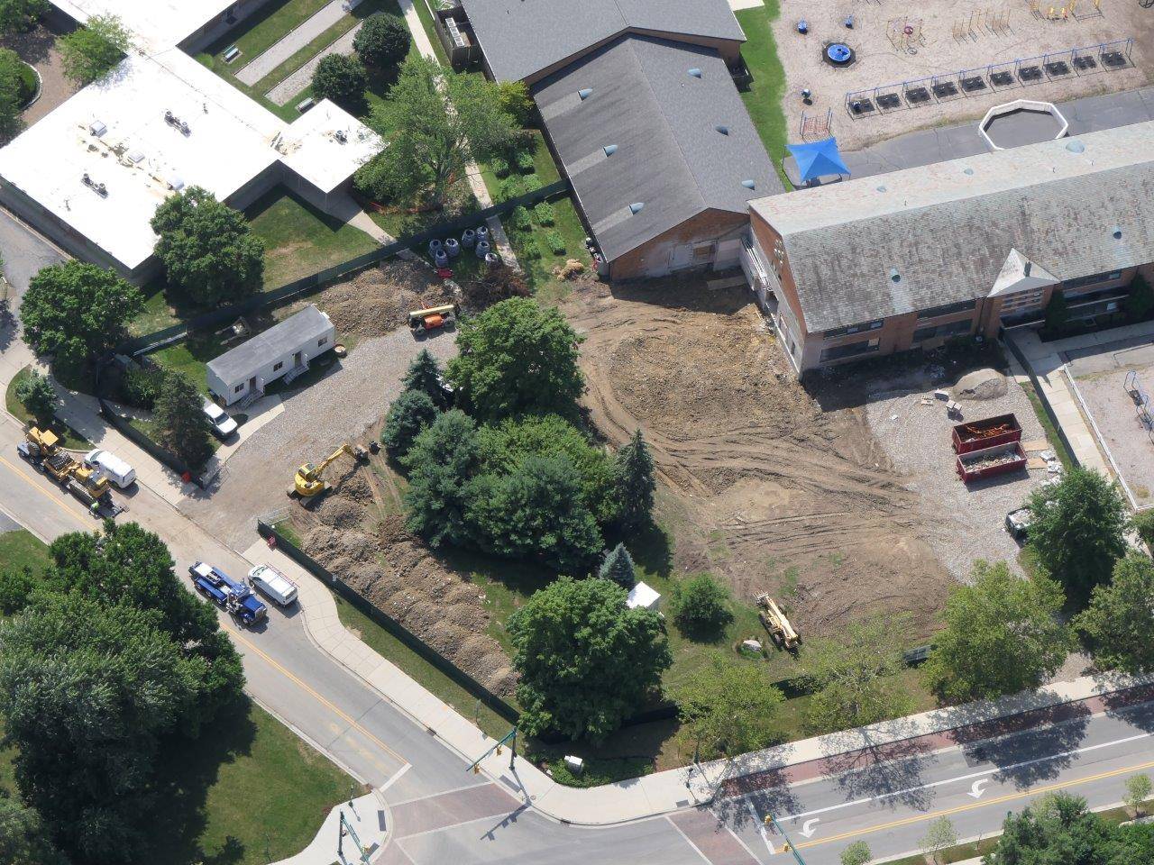 Aerial of the construction site for the addition to Tremont Elementary, July 2019