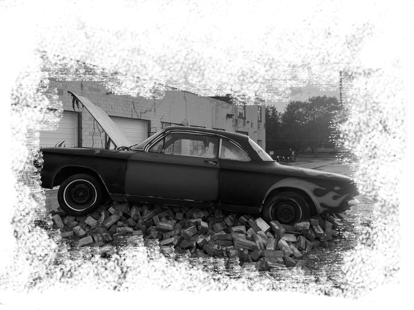 old car black and white print