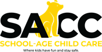 Logo with a golden bear inset on text saying SACC - where kids have fun and stay safe