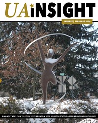 The cover of the January February 2024 issue of UAiNSIGHT with a photo of a sculpture surrounded by snow-covered bushes